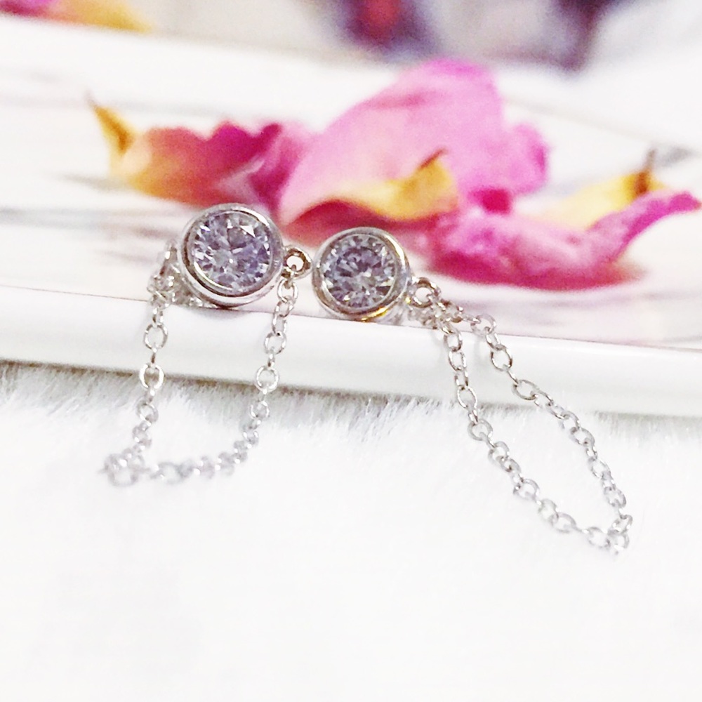 SS 925, CZ Circular Diamond Stone w/Chain Earrings